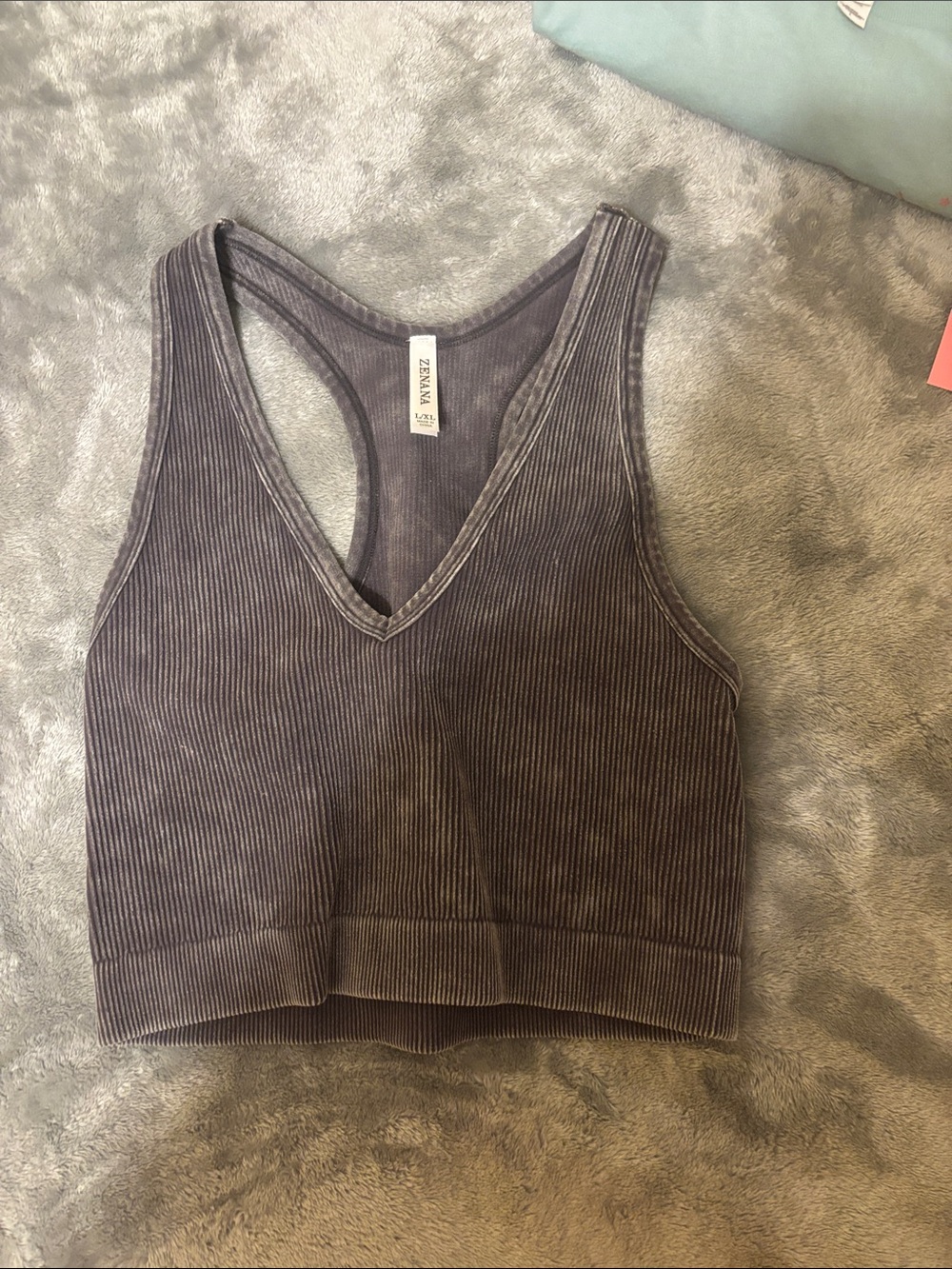 Zenana Outfitters Ribbed V-Neck Racerback Crop Tank - Charcoal Gray